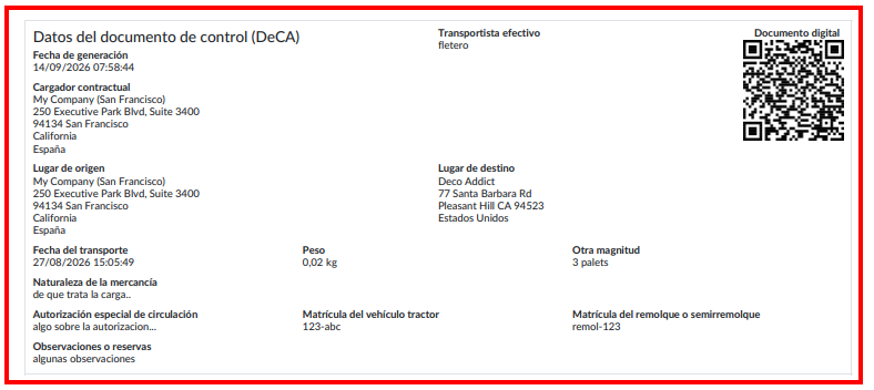 Albarán de entrega de Odoo con el bloque de datos del DeCA y su código QR